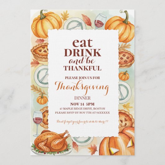 Watercolor Thanksgiving Feast Invitation 招待状 (正面)