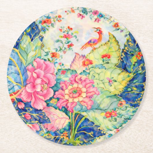 Watercolor Tobacco Leaf China Inspired  ラウンドペーパーコースター (正面)