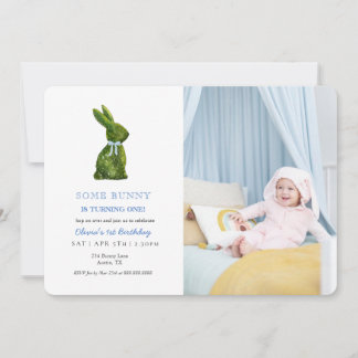 Watercolor Topiary Rabbit Baby boy Photo birthday 招待状