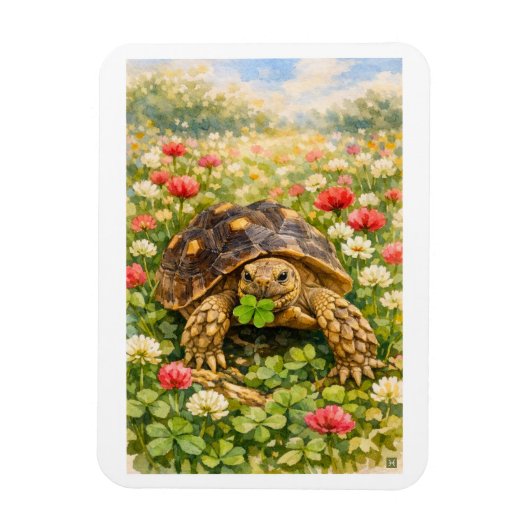Watercolor Tortoise with lucky clover マグネット (縦)