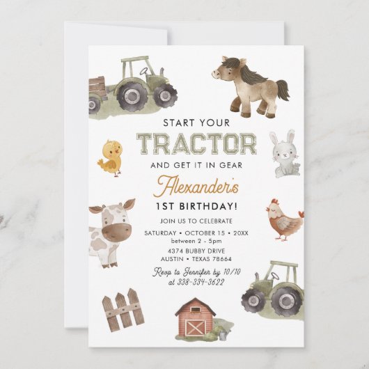 Watercolor Tractor 1st Birthday  招待状 (正面)