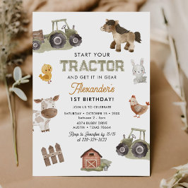 Watercolor Tractor 1st Birthday  招待状