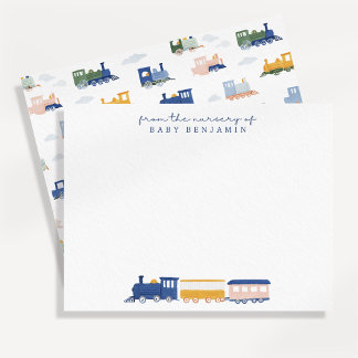 Watercolor Train Baby Boy Nursery Note Card 招待状
