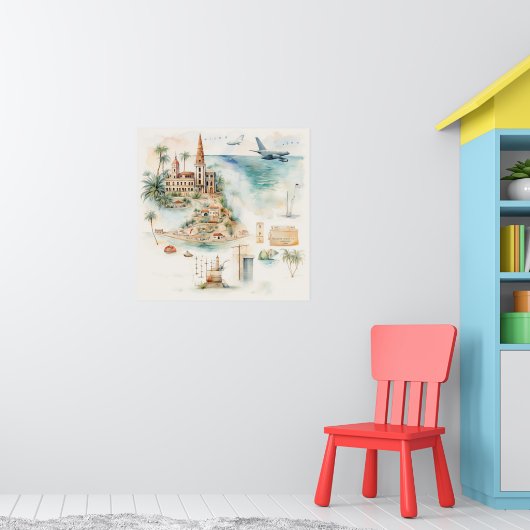 Watercolor Travel Map ポスター (子ども部屋1)