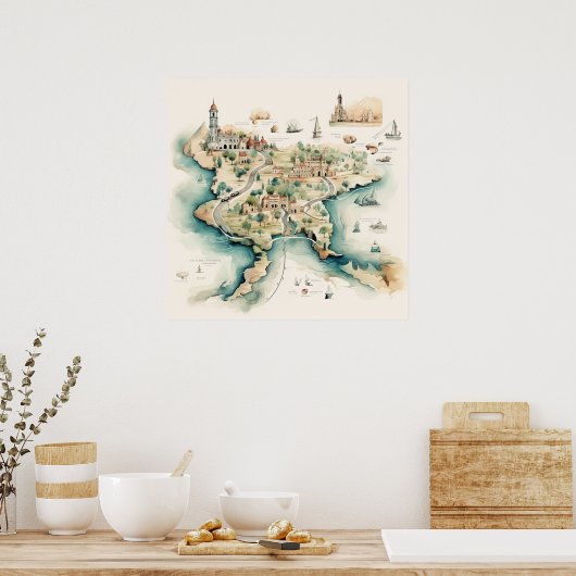 Watercolor Travel Map ポスター (キッチン)