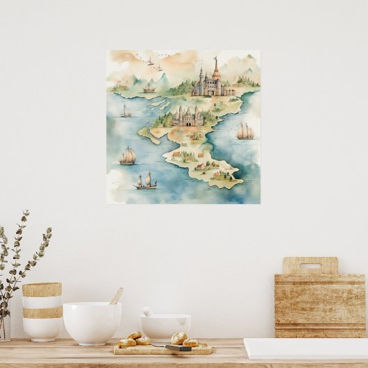 Watercolor Travel Map ポスター (キッチン)