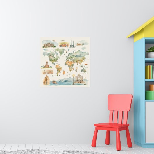 Watercolor Travel Map ポスター (子ども部屋1)