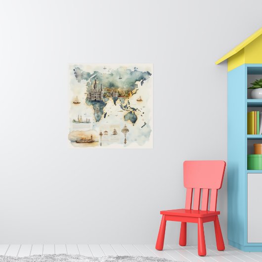 Watercolor Travel Map ポスター (子ども部屋1)