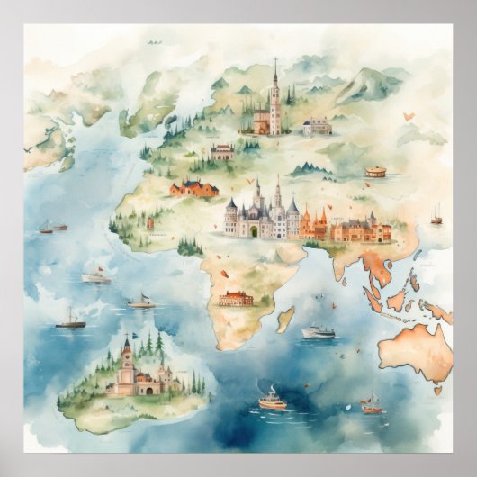 Watercolor Travel Map ポスター (正面)