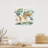 Watercolor Travel Map ポスター (キッチン)
