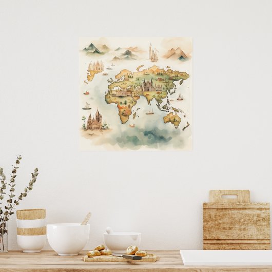 Watercolor Travel Map ポスター (キッチン)