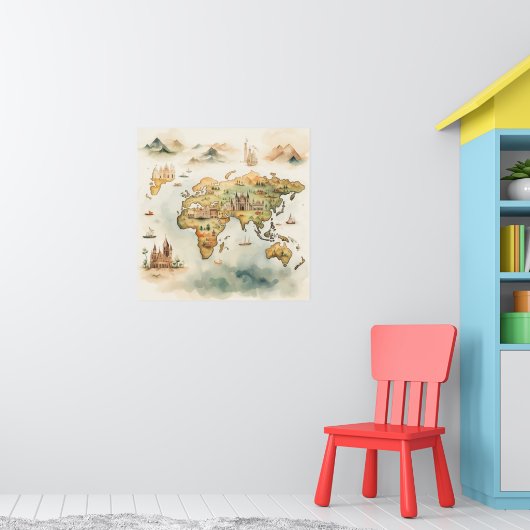 Watercolor Travel Map ポスター (子ども部屋1)