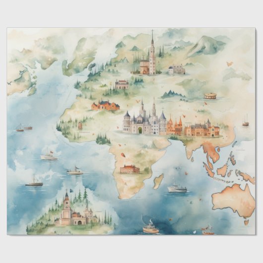 Watercolor Travel Map ラッピングペーパー (フラット)