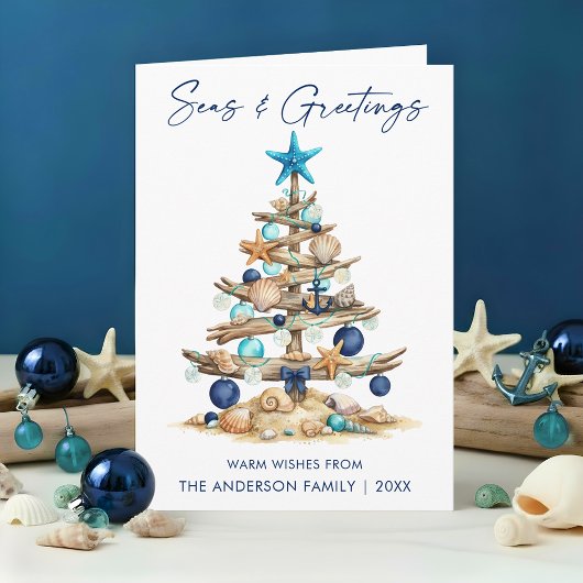 Watercolor Tree Seas and Greetings Beach Folded シーズンカード