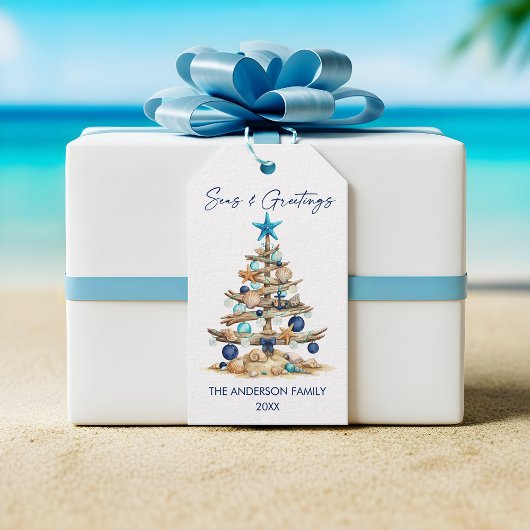Watercolor Tree Seas and Greetings Beach Holiday ギフトタグ