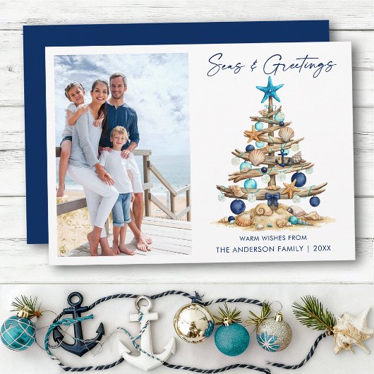Watercolor Tree Seas and Greetings Photo Beach シーズンカード
