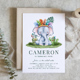 Watercolor Tribal Elephant Safari Theme Birthday 招待状