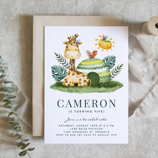 Watercolor Tribal Giraffe Safari Theme Birthday 招待状