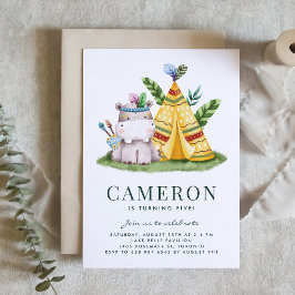 Watercolor Tribal Hippo Safari Theme Birthday 招待状