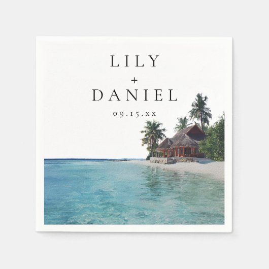 Watercolor Tropical Beach Destination Wedding スタンダードカクテルナプキン (正面)