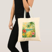 Watercolor Tropical Beach Landscape Palms トートバッグ (正面(商品))