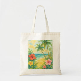 Watercolor Tropical Beach Landscape Palms トートバッグ