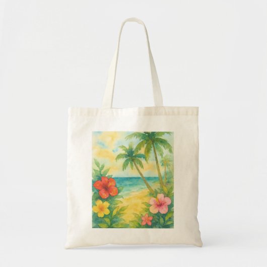 Watercolor Tropical Beach Landscape Palms トートバッグ (正面)