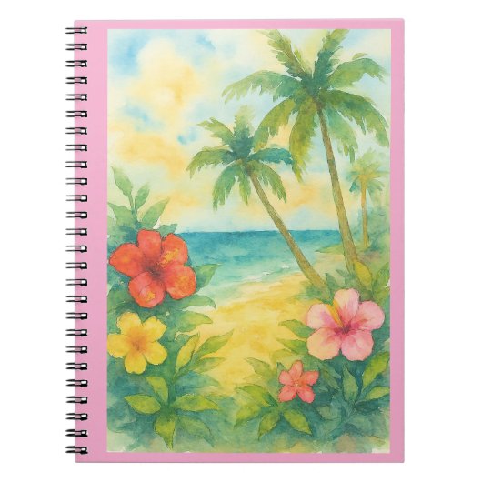 Watercolor Tropical Beach Landscape Palms ノートブック (正面)