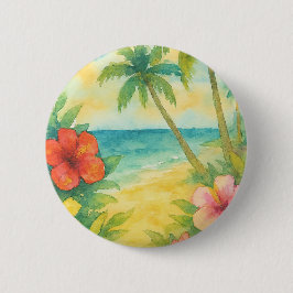 Watercolor Tropical Beach Landscape Palms 缶バッジ