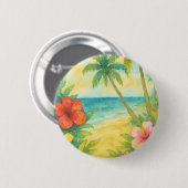 Watercolor Tropical Beach Landscape Palms 缶バッジ (正面&裏面)
