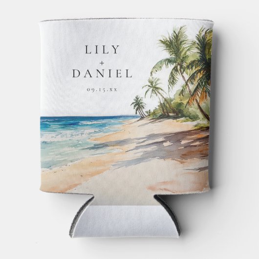 Watercolor Tropical Beach Wedding 缶クーラー (正面)