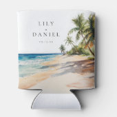 Watercolor Tropical Beach Wedding 缶クーラー (裏面)