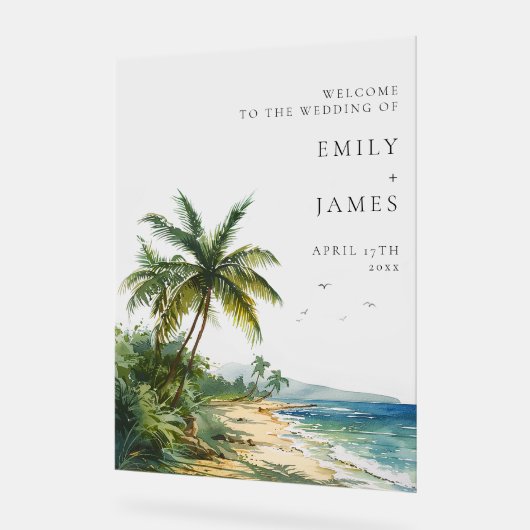 Watercolor Tropical Beach Wedding Welcome アクリルサイン (傾斜)