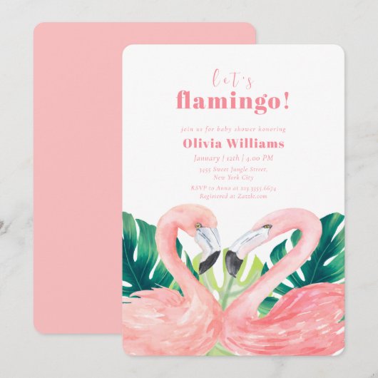 Watercolor Tropical Couple Flamingo Baby Shower 招待状 (正面/裏面)