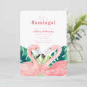 Watercolor Tropical Couple Flamingo Baby Shower 招待状 (スタンド正面)