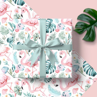 Watercolor Tropical Flamingo Baby Shower ラッピングペーパー