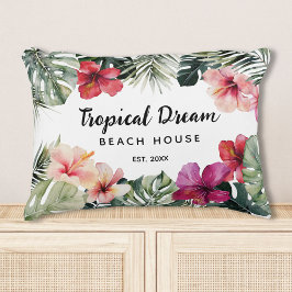 Watercolor Tropical Floral Botanical Beach House アクセントクッション