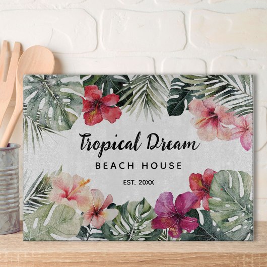 Watercolor Tropical Floral Botanical Beach House カッティングボード