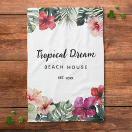 Watercolor Tropical Floral Botanical Beach House キッチンタオル