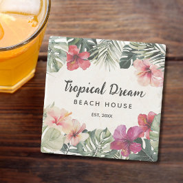 Watercolor Tropical Floral Botanical Beach House ストーンコースター