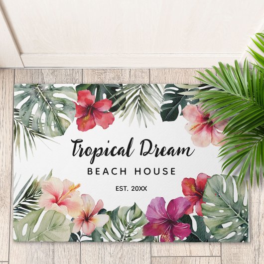 Watercolor Tropical Floral Botanical Beach House ドアマット