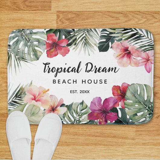 Watercolor Tropical Floral Botanical Beach House バスマット