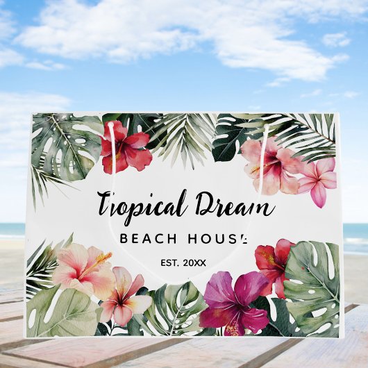 Watercolor Tropical Floral Botanical Beach House ラージペーパーバッグ