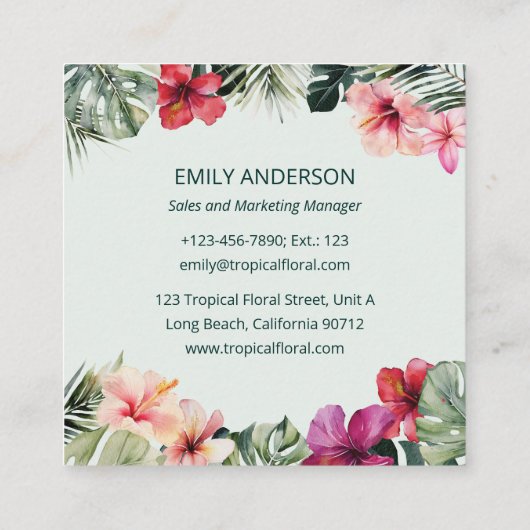Watercolor Tropical Floral Botanical Logo スクエア名刺 (裏面)