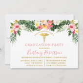 Watercolor Tropical Floral Pink Medical Grad Party 招待状 (正面)