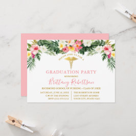 Watercolor Tropical Floral Pink Medical Grad Party 招待状