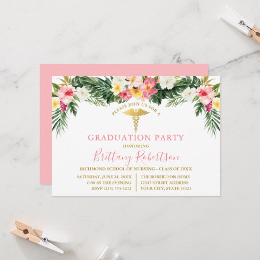 Watercolor Tropical Floral Pink Medical Grad Party 招待状 (正面/裏面インサイチュ)