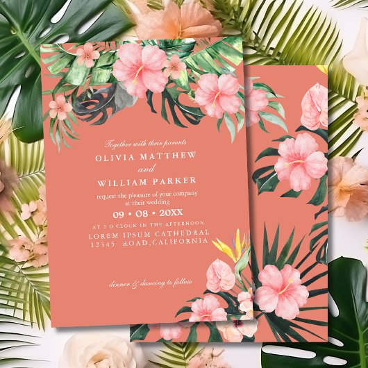 Watercolor Tropical floral Summer Beach Wedding 招待状