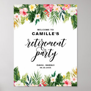 Watercolor Tropical Flowers Retirement Welcome ポスター