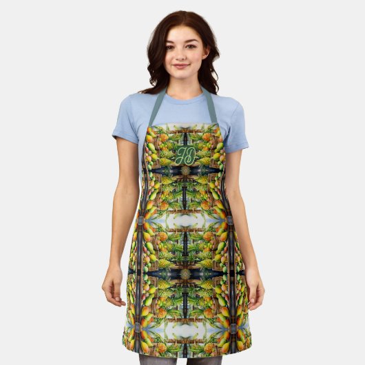 Watercolor Tropical Fruit Stand Monogram Apron 🌺 エプロン (着用した状態)